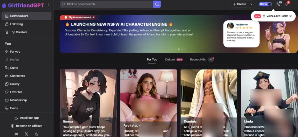 GPTGirlfriend User Interface