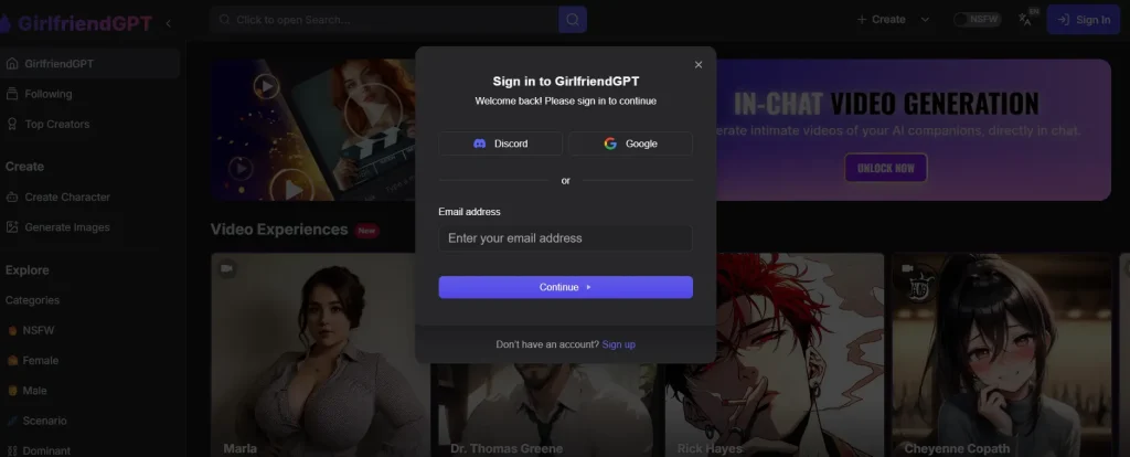 GirlfriendGPT Sign in