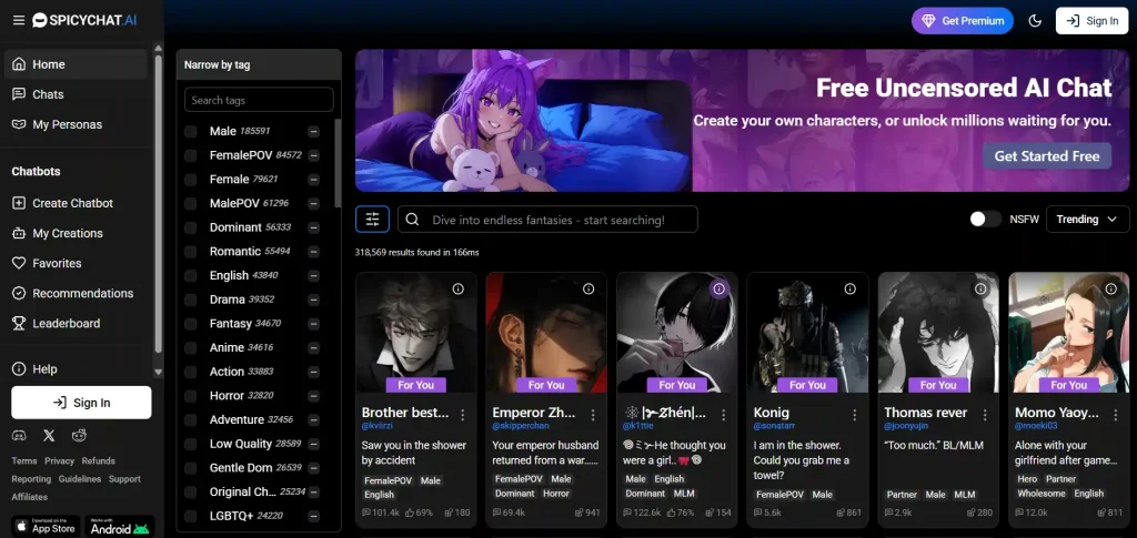 Spicychat AI homepage