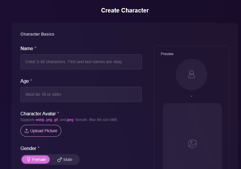 LusyChat.ai Character Creation